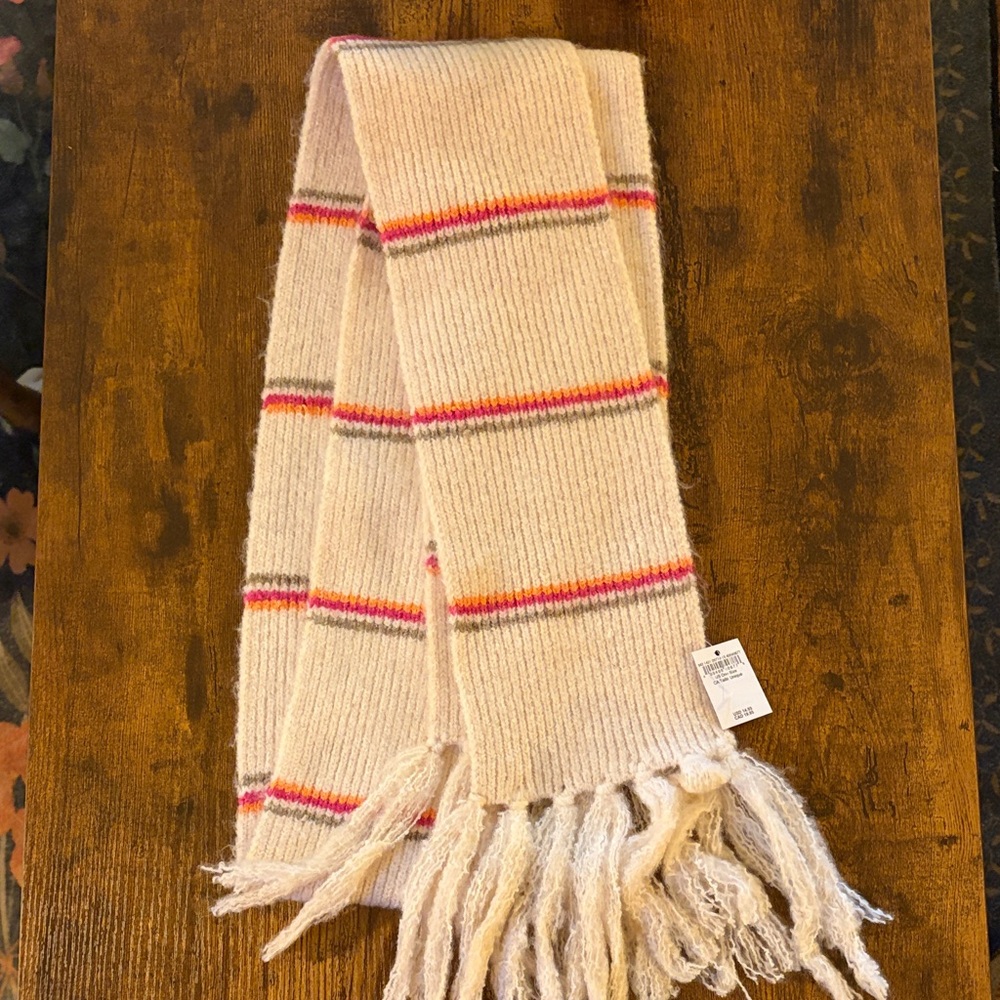 American Eagle NWT ivory Striped (orange/hot pink/green) Knit Scarf with Fringe